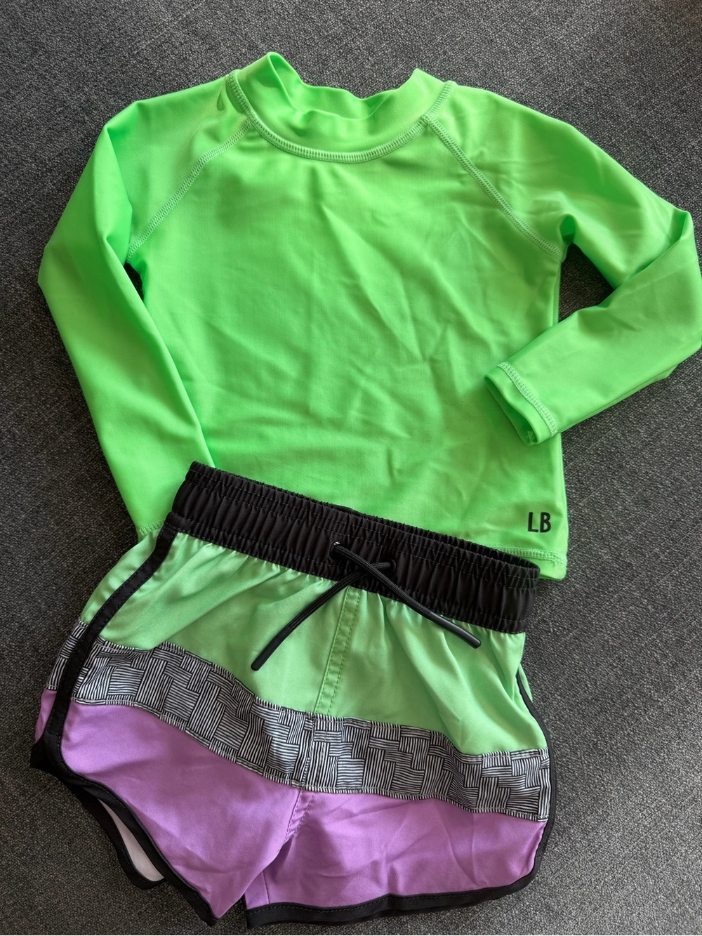 EUC Little Bipsy neon green & purple swim trunks and rash guard
